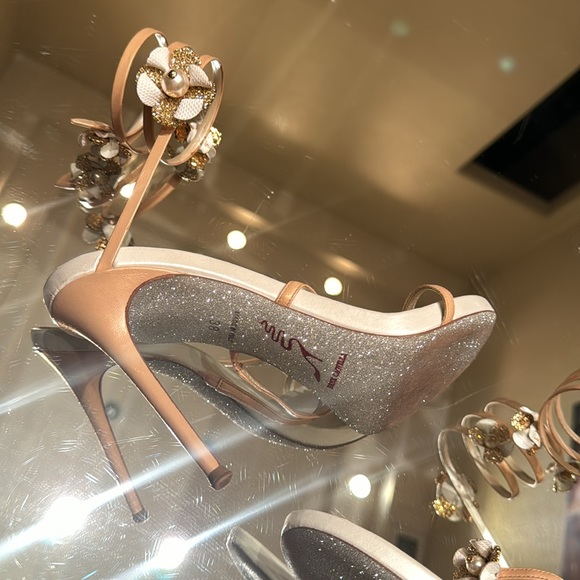 Rene Caovilla Karung Rose Gold Flower Ankle Wrap Heels - Picture 4 of 11